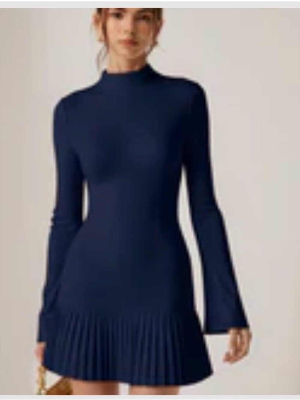 Commense Pleated Hem Mock Neck Mini Dress Navy Blue Long Sleeve Size M